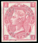 Stamp of Great Britain » 1855-1900 Surface Printed » 1865-67 Large Uncoloured Corner Letters, Wmk Large Garter & Emblems 1865-67 Wmk Emblems 3d rose pl.5 mint o.g. imperforate imprimatur