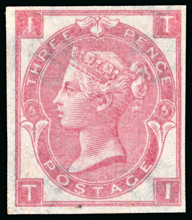 Stamp of Great Britain » 1855-1900 Surface Printed » 1865-67 Large Uncoloured Corner Letters, Wmk Large Garter & Emblems 1865-67 Wmk Emblems 3d rose pl.5 mint o.g. imperforate imprimatur