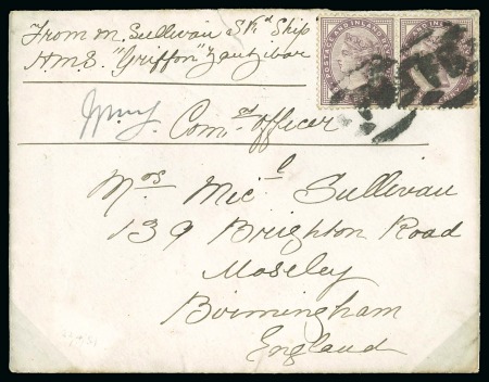 Stamp of Zanzibar » Anti-Slave Patrol (1864-1896) 1889 Sailor’s concessionary rate envelope from the H.M.S. “Griffon” while a Zanzibar, from the Sullivan correspondence