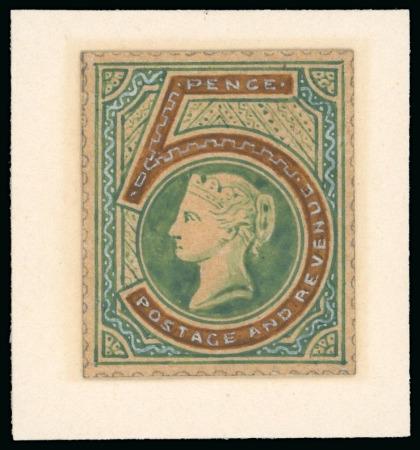 Stamp of Great Britain » 1855-1900 Surface Printed » 1887-1900 Jubilee Issue & 1891 £1 Green 1887 Jubilee Issue 5d hand painted essay in green and brown