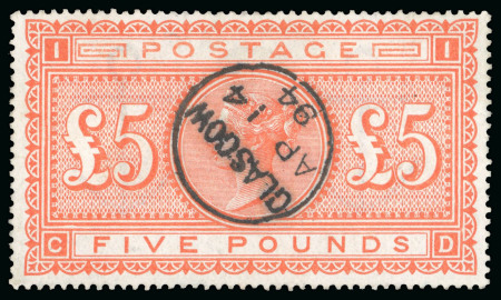Stamp of Great Britain » 1855-1900 Surface Printed » 1867-83 High Values 1867-83 Wmk Large Anchor £5 orange CD on white paper with superb central Glasgow AP 14 94 cds