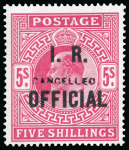 Stamp of Great Britain » Officials INLAND REVENUE: 1902-04 5s bright carmine I. R. Official with "CANCELLED" type 18 overprint, mint n.h.