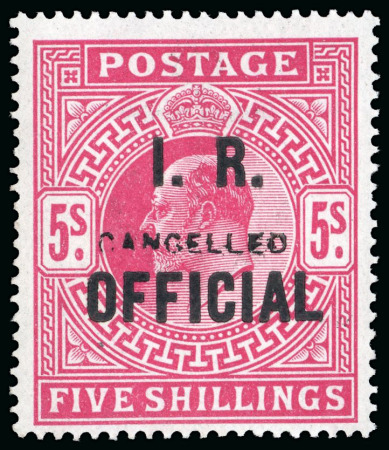 Stamp of Great Britain » Officials INLAND REVENUE: 1902-04 5s bright carmine I. R. Official with "CANCELLED" type 18 overprint, mint n.h.