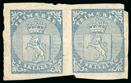 Stamp of Norway 1855 Lion 4sk, mint horizontal pair, clear to huge margins, large part original gum