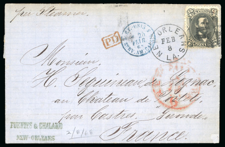 Stamp of United States » 1861-1866 issue 1868 (Feb 8) Entire from New Orleans to France with 1861-66 15c Lincoln tied by New Orleans cds and cork cancel