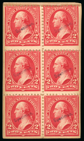 Stamp of United States 1897-1903 Specimen Booklet: Practically complete booklet showing seven out of eight panes of six of the Washington 2c red, with each stamp with Specimen ovpt