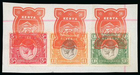 Stamp of Kenya, Uganda and Tanganyika » Kenya, Uganda and Tanganyika 1922-27 5s, £1 and £10, tied to document piece by "KENYA / REVENUE" embossed datestamp
