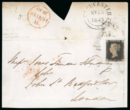 Stamp of Great Britain » 1840 1d Black and 2d Blue "May Dates" 1840 (May 15) 1d black pl.2 CE, part cover