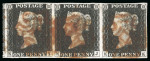 Stamp of Great Britain » 1840 1d Black and 1d Red plates 1a to 11 1840 1d black pl.4 KI-KK strip of three, four margins and part of KH to left, cancelled by Maltese crosses in red