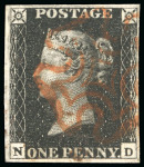Stamp of Great Britain » 1840 1d Black and 1d Red plates 1a to 11 1840 1d black pl.6 ND, state I, four margins, red Maltese Cross