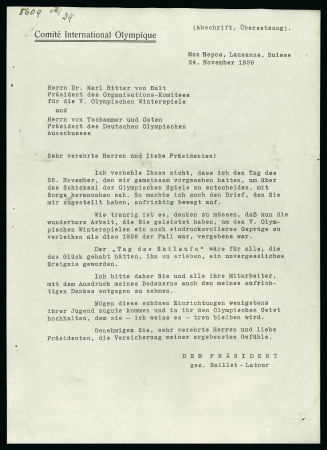 Stamp of Olympics » 1940 Garmisch-Parternkirchen (Cancelled) 1939 (Nov 24) Letter from President Baillet-Latour on IOC headed paper sent to Dr Karl Ritter