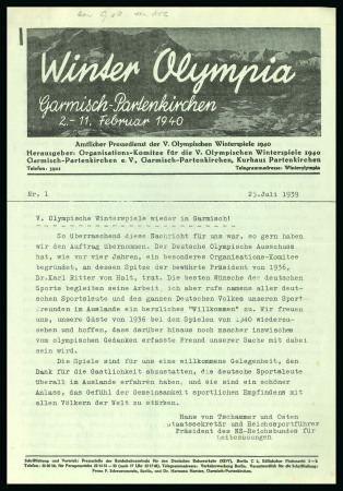 Stamp of Olympics » 1940 Garmisch-Parternkirchen (Cancelled) "Winter Olympia" official newsletter no.1, pp.4, typed, complete, plus the front page of no.2 and an unused lettersheet with Organisation Committee header