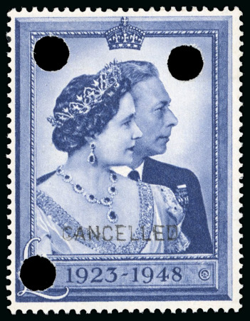 Stamp of Great Britain » King George VI 1948 Silver Wedding £1 with CANCELLED ovpt and three punch holes to deface the stamp
