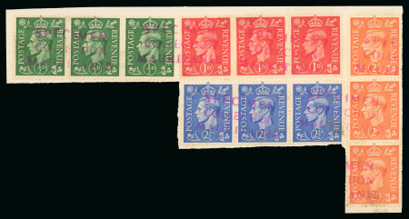Stamp of Great Britain » King George VI 1941-42 1/2d, 1d, 2d, 2 1/2d and 3d in strips of three (2d vert.) affixed to 2 pieces with "SPÉCIMEN / COLLECTION / MAURITANIE" three-line hs