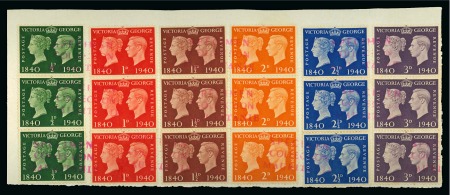 Stamp of Great Britain » King George VI 1940 Postage Stamp Centenary set in vert. strips of three affixed to piece with  "SPÉCIMEN / COLLECTION / MAURITANIE" three line hs