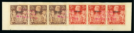 Stamp of Great Britain » King George VI 1939-48 High Values in strips of three affixed to pieces with SPECIMEN ovpts and "SPÉCIMEN / COLLECTION / MAURITANIE" three line hs