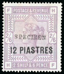 Stamp of British Levant  1885-88 12pi on 2s6d, small study incl. "SPECIMEN" type 9 on blued paper and white paper, "SPECIMEN" type 15 on white paper