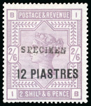 Stamp of British Levant  1885-88 12pi on 2s6d, small study incl. "SPECIMEN" type 9 on blued paper and white paper, "SPECIMEN" type 15 on white paper