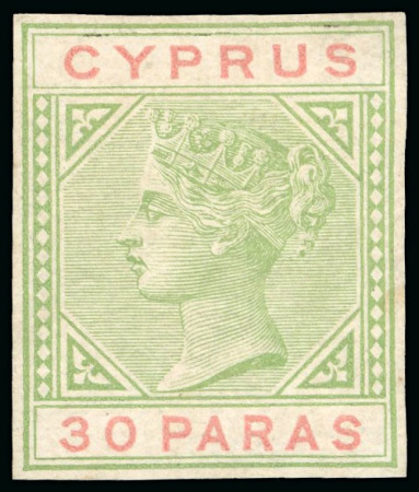 Stamp of Cyprus » Queen Victoria Keyplate Issues 1886 30pa imperf. colour trial in yellow-green and pink