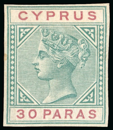 Stamp of Cyprus » Queen Victoria Keyplate Issues 1886 30pa imperf. colour trial in blue-green and dull red