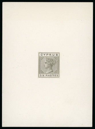 Stamp of Cyprus » Queen Victoria Keyplate Issues 1881 Die I Wmk CC 6pi essay, with key-plate imperforate proof in olive-grey with "CYPRUS" and "SIX PIASTRES" handpainted