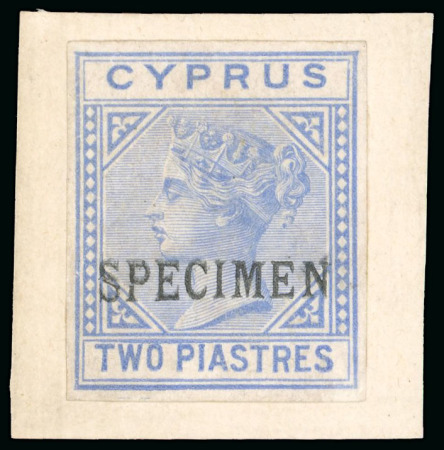 Stamp of Cyprus » Queen Victoria Keyplate Issues 1881 Die I Wmk CC imprimatur colour proof 2pi, 4pi and 6pi olive-grey, each handstamped "SPECIMEN"