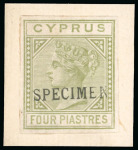 Stamp of Cyprus » Queen Victoria Keyplate Issues 1881 Die I Wmk CC imprimatur colour proof 2pi, 4pi and 6pi olive-grey, each handstamped "SPECIMEN"