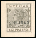 Stamp of Cyprus » Queen Victoria Keyplate Issues 1881 Die I Wmk CC imprimatur colour proof 2pi, 4pi and 6pi olive-grey, each handstamped "SPECIMEN"
