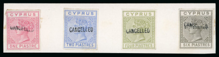 Stamp of Cyprus » Queen Victoria Keyplate Issues 1881 Die I Wmk CC imprimatur colour proof 1pi, 2pi, 4pi and 6pi, each handstamped "CANCELLED"