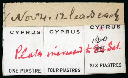 Stamp of Cyprus » Queen Victoria Keyplate Issues 1882-86 Die I Wmk CA 1pi, 4pi and 6pi duty plate die proofs affixed to De La Rue striking book piece