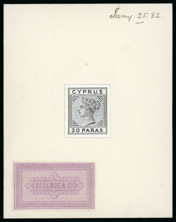Stamp of Cyprus » Queen Victoria Keyplate Issues 1882-86 Die I Wmk CA 30pa essay, comprising stamp-size die proof in black on glazed card with "CYPRUS" and "30 PARAS" handpainted