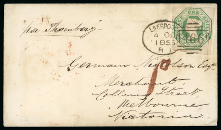 Stamp of Great Britain » 1847-54 Embossed 1855 (Oct 4) Wreck cover from Liverpool to Victoria, endorsed "per Shomberg" (sic) with Embossed 1s green