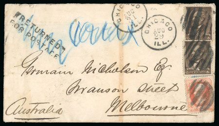 Stamp of United States » 1879-93 Bank Notes Issue -American Bank Note 1882 (Aug 29) Envelope from Chicago to Australia, with 1880-82 2c and two 5c, handstamped "RETURNED / FOR POSTAGE"