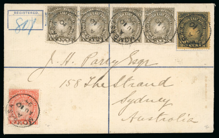 Stamp of Kenya, Uganda and Tanganyika » British East Africa 1894 (Aug 10) 2a Registered envelope from Mombasa to Australia with 1890 1/2a strip of four, 2a and 2 1/2a 