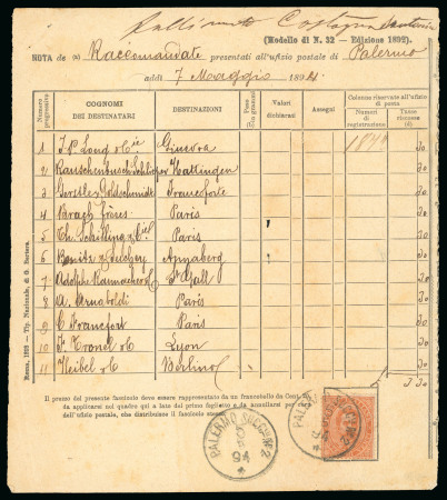 Stamp of Italy » Regno d'Italia Nota di raccomandate presentate all'ufficio di Palermo affr. con Umberto 20 c.
