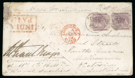 Stamp of India » 1855-1946 De La Rue and later Crown Colony Issues 1864 (Jun 20) Soldier's concessionary rare cover from a member of the Royal Fusiliers to Victoria, Australia