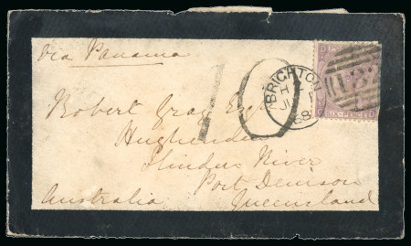 Stamp of Great Britain » 1854-1900 Postal History of the Perforated Line Engraved and Surface Printed Issues 1868 (Jun 1) Mourning envelope from Brighton to Port Denison, Queensland, Australia
