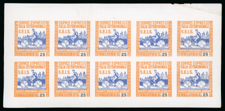 Stamp of Italy » Corrieri S.E.I.S. 1945, 25 l. arancio e blu, raffigurante un ciclista portalettere in blocco di 10