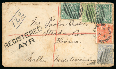 Stamp of Australia » Queensland 1891 (Jun 12) Envelope sent registered to Malta with "REGISTERED / AYR" hs adjacent