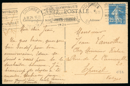 Stamp of Olympics » 1924 Paris » Covers and Cancellations 1924 (Mar 4) Postcard with scarce Colombes "JEUX OLYMPIQUES / PARIS / MAI-JUIN-JUILLET / 1924" roller publicity cancel