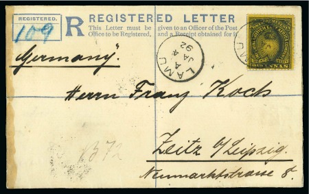 Stamp of Kenya, Uganda and Tanganyika » British East Africa 1892 (Jan 4) 2a registered envelope from Lamu to Germany, with 1890-95 2 1/2a black on yellow-buff 