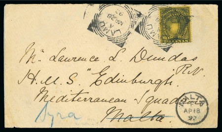 Stamp of Kenya, Uganda and Tanganyika » British East Africa 1892 (Jan 4) envelope from Lamu to HMS Edinburgh in the Mediterranean Squadron at Malta