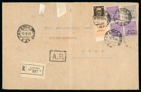 Stamp of Italy » Foreign Occupations of Italian Territories or Under Italian Sovereignty » Anglo-American Occupation of Sicily 1944, grande lettera raccomandata con A.R. 15 c., 30 c. e 50 c. (3), in mista con Regno 30 c.