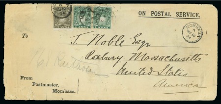 Stamp of Kenya, Uganda and Tanganyika » British East Africa 1894 (Aug 10) "On Postal Service" printed envelope from the Postmaster at Mombasa, sent to the USA