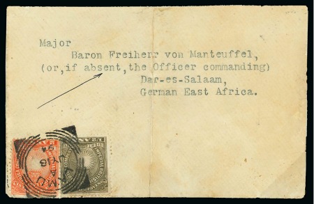 Stamp of Kenya, Uganda and Tanganyika » British East Africa 1894 (Jul 18) Envelope from Lamu to the Acting Governor of German East Africa, with 1890-95 1/2a and 2a
