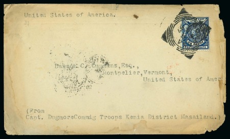 Stamp of Kenya, Uganda and Tanganyika » British East Africa 1897 (Jan 31) Envelope from "Capt. Dugmore Commdg Troops Kenia District Masailand" to the USA