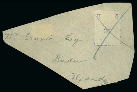 Stamp of Uganda 1895 (Nov) 20(c) violet tied to large cover piece by pencil cross, addressed to "W. Grant Esq. / Budu / Uganda"