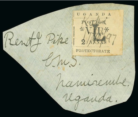 Stamp of Uganda 1897 "L" on 2a with good to large margins, cancelled on large piece with "Koki / 17/10/97" pen cancel