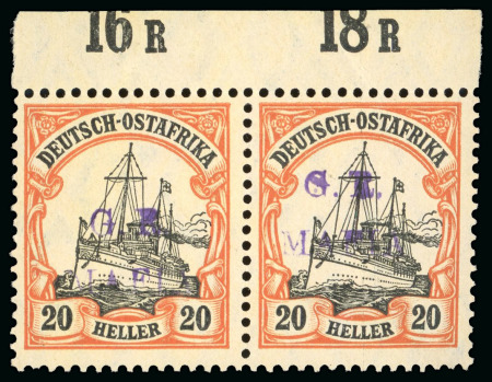 Stamp of Tanganyika » Mafia Island British Occupation 1915 (Jan) 20h black & red on yellow with reddish violet handstamp in mint n.h. top marginal pair