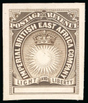 Stamp of Kenya, Uganda and Tanganyika » British East Africa 1890 Bradbury Wilkinson die proof for the low values with blank tablet on thick paper, in dull brown